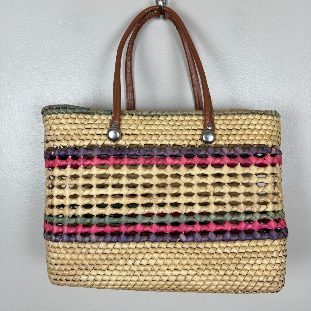 Unbranded Women's Medium Tote Bag Tan‎ Multi Striped Woven Straw Boho Summer